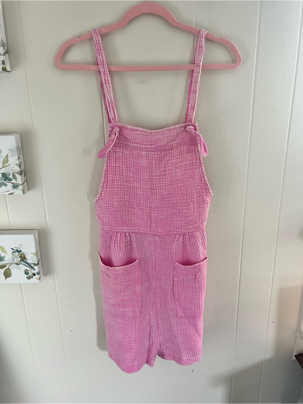 Zenana Outfitters Pink Gauze Tie-Strap Shorts Romper